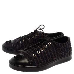 Pre Owned Chanel Multicolor Tweed And Leather CC Cap Toe Low Top Sneakers Size 36.5