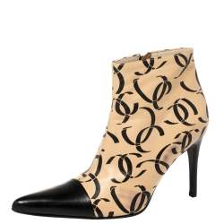 Chanel Beige/Black Leather CC Logo Ankle Boots Size 37.5