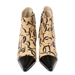 Chanel Beige/Black Leather CC Logo Ankle Boots Size 37.5