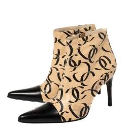 Chanel Beige/Black Leather CC Logo Ankle Boots Size 37.5
