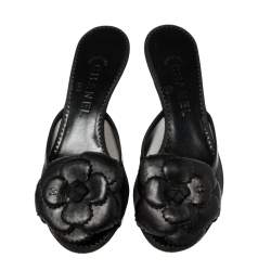 Pre Owned Chanel Black Mesh and Leather Camellia Slide Sandals Size 38