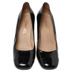 Pre Owned Chanel Black Patent Leather CC Square Cap Toe Pumps Size 39
