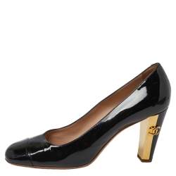 Pre Owned Chanel Black Patent Leather CC Square Cap Toe Pumps Size 39