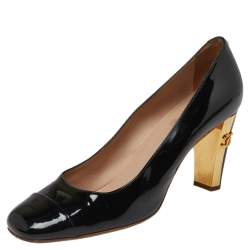 Pre Owned Chanel Black Patent Leather CC Square Cap Toe Pumps Size 39