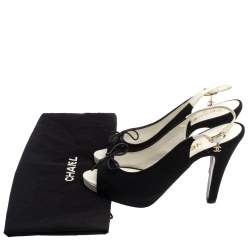 مملوكة مسبقًا Chanel Black Canvas Bow Slingback Platform Sandals Size 38.5