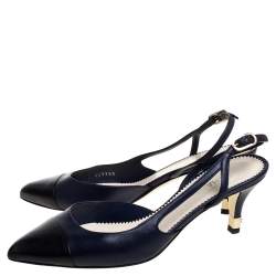 مملوكة مسبقًا Chanel Navy Blue/Black Leather Cap Toe slingback Sandals Size 38