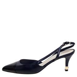 مملوكة مسبقًا Chanel Navy Blue/Black Leather Cap Toe slingback Sandals Size 38