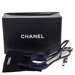 مملوكة مسبقًا Chanel Navy Blue/Black Leather Cap Toe slingback Sandals Size 38