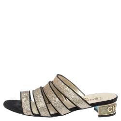 Chanel Gold Glitter Strappy Slide Sandals Size 38.5