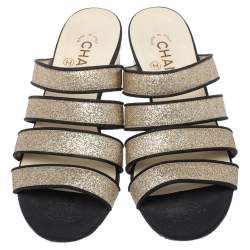 Chanel Gold Glitter Strappy Slide Sandals Size 38.5