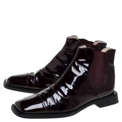 Pre Owned Chanel Burgundy Patent Leather Elastic Ankle Boots Size 37.5