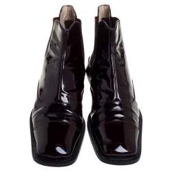Pre Owned Chanel Burgundy Patent Leather Elastic Ankle Boots Size 37.5