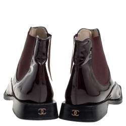 Pre Owned Chanel Burgundy Patent Leather Elastic Ankle Boots Size 37.5