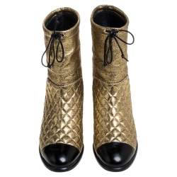 Chanel Gold Leather Quilted CC Logo Ankle Boots Size 39