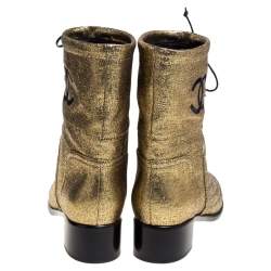 Chanel Gold Leather Quilted CC Logo Ankle Boots Size 39