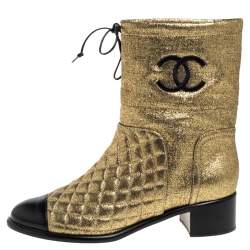 Chanel Gold Leather Quilted CC Logo Ankle Boots Size 39