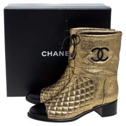 Chanel Gold Leather Quilted CC Logo Ankle Boots Size 39