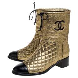 Chanel Gold Leather Quilted CC Logo Ankle Boots Size 39