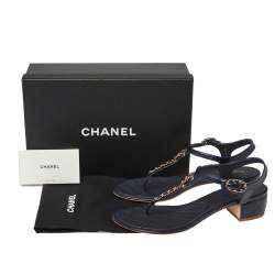 Chanel Blue Leather Chain Link T Strap Thong Sandals Size 41.5 