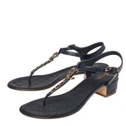 Chanel Blue Leather Chain Link T Strap Thong Sandals Size 41.5 