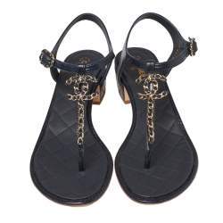Chanel Blue Leather Chain Link T Strap Thong Sandals Size 41.5 