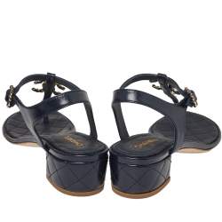 Chanel Blue Leather Chain Link T Strap Thong Sandals Size 41.5 