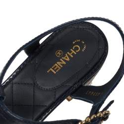 Chanel Blue Leather Chain Link T Strap Thong Sandals Size 41.5 