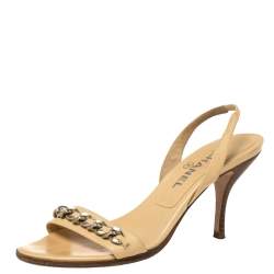 Pre Owned صندل شانيل فتحة كعب سير سلسلة جلد بيج مقاس 38