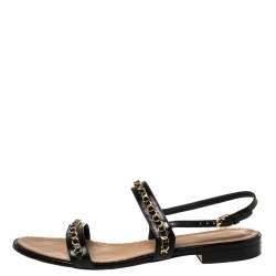 Chanel Black Leather CC Chain Detail Slingback Flat Sandals Size 41