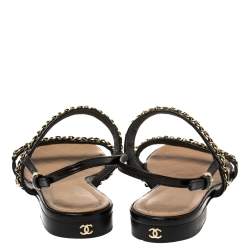 Chanel Black Leather CC Chain Detail Slingback Flat Sandals Size 41