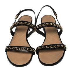 Chanel Black Leather CC Chain Detail Slingback Flat Sandals Size 41