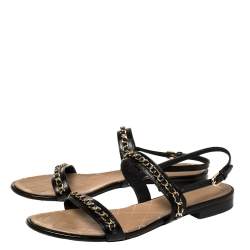 Chanel Black Leather CC Chain Detail Slingback Flat Sandals Size 41