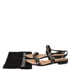 Chanel Black Leather CC Chain Detail Slingback Flat Sandals Size 41