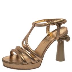 Pre Owned صندل شانيل نعل سميك بارثينون غارسيان كولومن جلد ذهبى ميتالك 38.5