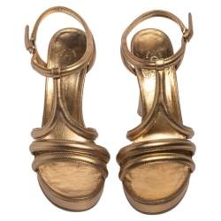 Pre Owned صندل شانيل نعل سميك بارثينون غارسيان كولومن جلد ذهبى ميتالك 38.5