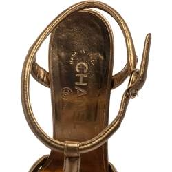 Pre Owned صندل شانيل نعل سميك بارثينون غارسيان كولومن جلد ذهبى ميتالك 38.5