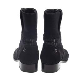 Chanel Black Tweed and Patent Leather CC Ankle Boots Size 39