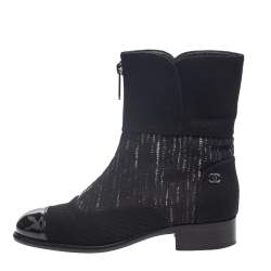 Chanel Black Tweed and Patent Leather CC Ankle Boots Size 39