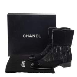 Chanel Black Tweed and Patent Leather CC Ankle Boots Size 39