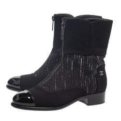 Chanel Black Tweed and Patent Leather CC Ankle Boots Size 39
