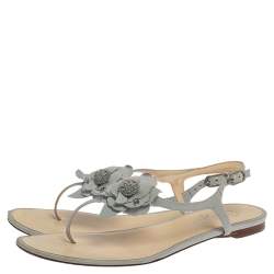 Pre Owned Chanel Blue Leather Camellia Thong Sandals Size 40
