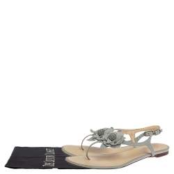 Pre Owned Chanel Blue Leather Camellia Thong Sandals Size 40