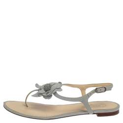 Pre Owned Chanel Blue Leather Camellia Thong Sandals Size 40