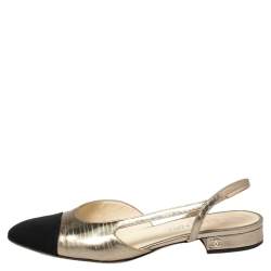 Chanel Gold/Black Leather And Canvas CC Slingback Flats Size 38 Chanel