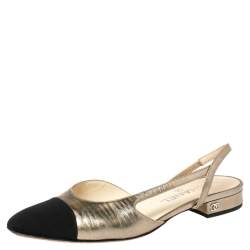 Chanel Gold/Black Leather And Canvas CC Slingback Flats Size 38 Chanel