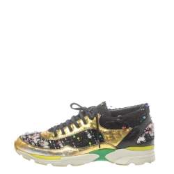 Pre Owned Chanel Multicolor Tweed and Metallic Leather Lace Up Sneakers Size 39.5