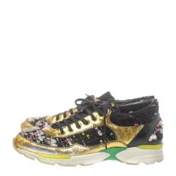 Pre Owned Chanel Multicolor Tweed and Metallic Leather Lace Up Sneakers Size 39.5