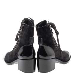 Chanel Black Suede And Patent Leather Combat Lace Up Boots Size 40.5
