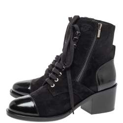 Chanel Black Suede And Patent Leather Combat Lace Up Boots Size 40.5