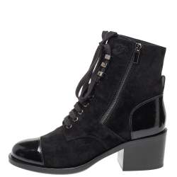 Chanel Black Suede And Patent Leather Combat Lace Up Boots Size 40.5